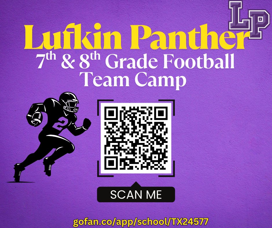 abseckLPFB's tweet image. Lufkin Football 7th and 8th Grade Team camp starts next Monday at 5:00pm, last chance for our middle school guys to get a head start on their 2025 season. Get signed up NOW! #LufkinU