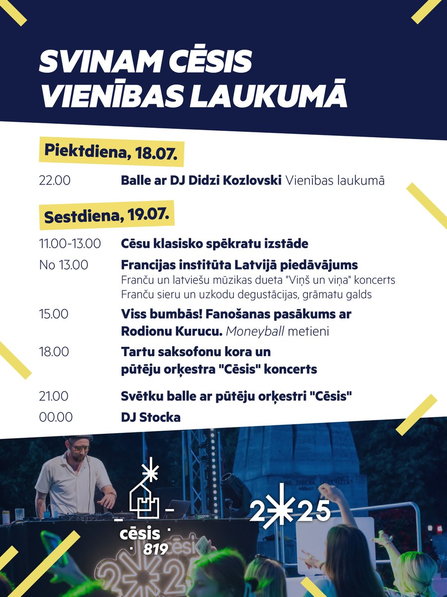 Sākam svinēt Cēsis jau piektdien, lai kopā piedzīvotu visdažādākos svētku notikumus! 🥳

Kā arī neaizmirsti – tikai līdz piektdienai pērc lielkoncerta “Esi Zvaigzne!” biļetes lētāk!

🎫 Pērc biļetes šeit: ej.uz/C819-lielkonce…
📜 Pilna svētku programma: ej.uz/c819-programma