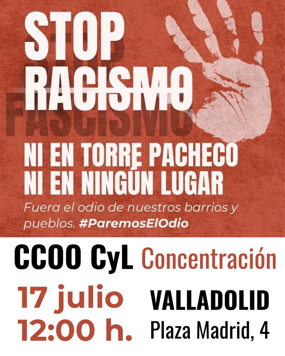 ‼️📢 Lo que estamos viendo no es casualidad, es violencia racista organizada

Exigimos un compromiso real con el antirracismo y los derechos humanos

✊Este jueves 17 alzamos la voz en Castilla y León por la justicia social y contra quienes siembran el odio

🪧¡Acude a la