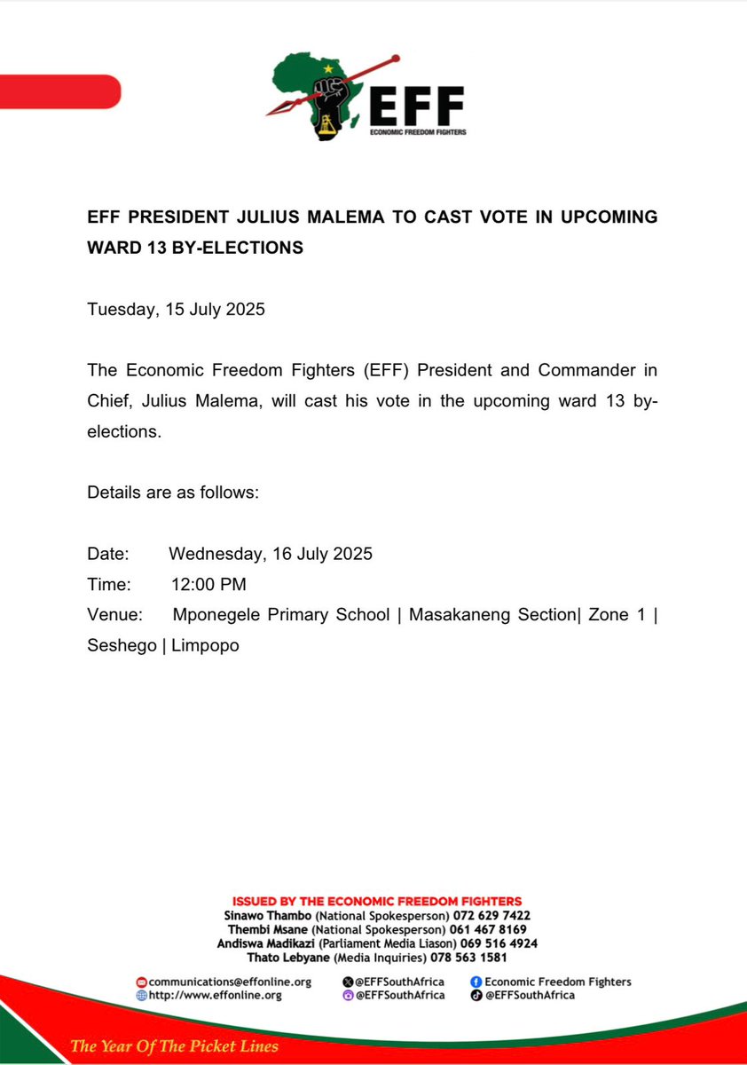 EFF_Limpopo's tweet image. EFF President Julius Malema To Cast Vote In Upcoming Ward 13 By-Elections
Details are as follows:
Date: Wednesday, 16 July 2025
Time: 12:00 PM
Venue: Mponegele Primary School | Masakaneng Section| Zone 1 l Seshego | Limpopo