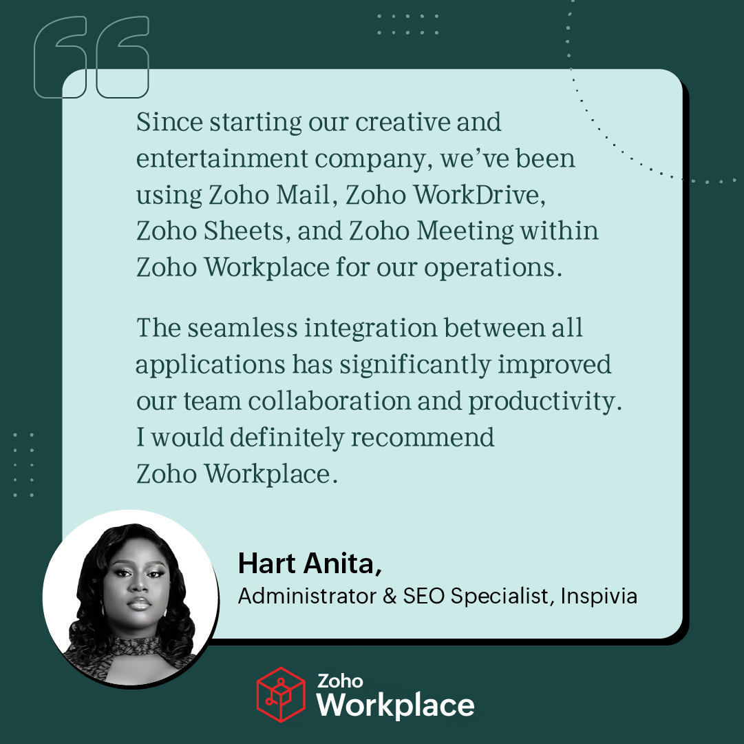 Zoho Workplace (@zohoworkplace) on Twitter photo #TestimonialTuesday
From emails to file sharing to spreadsheets — The creative team at <a href="/InspiviaMusic/">Inspivia Music</a> does it all with Zoho Workplace! One suite. Endless collaboration. #TestimonialTuesday
From emails to file sharing to spreadsheets — The creative team at <a href="/InspiviaMusic/">Inspivia Music</a> does it all with Zoho Workplace! One suite. Endless collaboration.