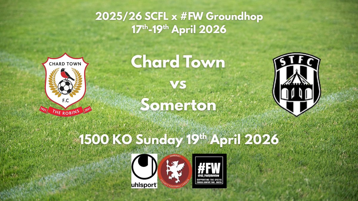Somerset County FL (@somersetcfl) on Twitter photo Our SIXTH and final game of the groundhop is here, and it's unmissable!
<a href="/ChardTownFC/">Chard Town FC</a> host <a href="/somertontownfc/">Somerton Town FC.⚫️⬜️⚫️</a> at 3pm on Sunday 19th April! Always a tasty clash and a relatively local one..
Zembard Lane is a MUST VISIT before The Robins fly the nest to their new ground.... 🏟️🐦 Our SIXTH and final game of the groundhop is here, and it's unmissable!
<a href="/ChardTownFC/">Chard Town FC</a> host <a href="/somertontownfc/">Somerton Town FC.⚫️⬜️⚫️</a> at 3pm on Sunday 19th April! Always a tasty clash and a relatively local one..
Zembard Lane is a MUST VISIT before The Robins fly the nest to their new ground.... 🏟️🐦