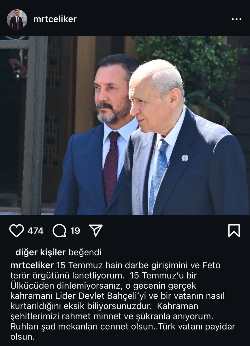 MHP Genel Başkan Özel Kalem Müdürü Murat Çeliker'den 15 Temmuz paylaşımı: 

15 Temmuz'u bir Ülkücüden dinlemiyorsanız, o gecenin gerçek kahramanı Lider Devlet Bahçeli'yi ve bir vatanın nasıl kurtarıldığını eksik biliyorsunuzdur.