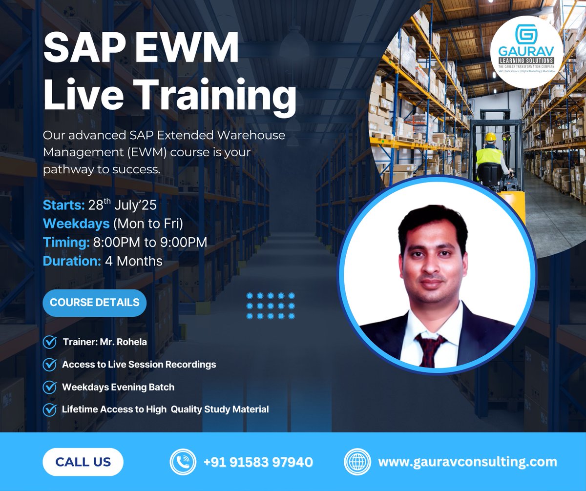 saphanacourses's tweet image. 🚨 Level Up Your SAP Career with SAP EWM Live Training! 
🗓 Starts: 28th July 2025
🕗 Timing: 8:00 PM - 9:00 PM | Weekdays (Mon-Fri)
📆 Duration: 4 Months

📞 Call us today at +91 91583 97940
🌐 Visit: gauravconsulting.com/product-page/s…
#SAPEWM #SAPTraining #WarehouseManagement #SAPCareer
