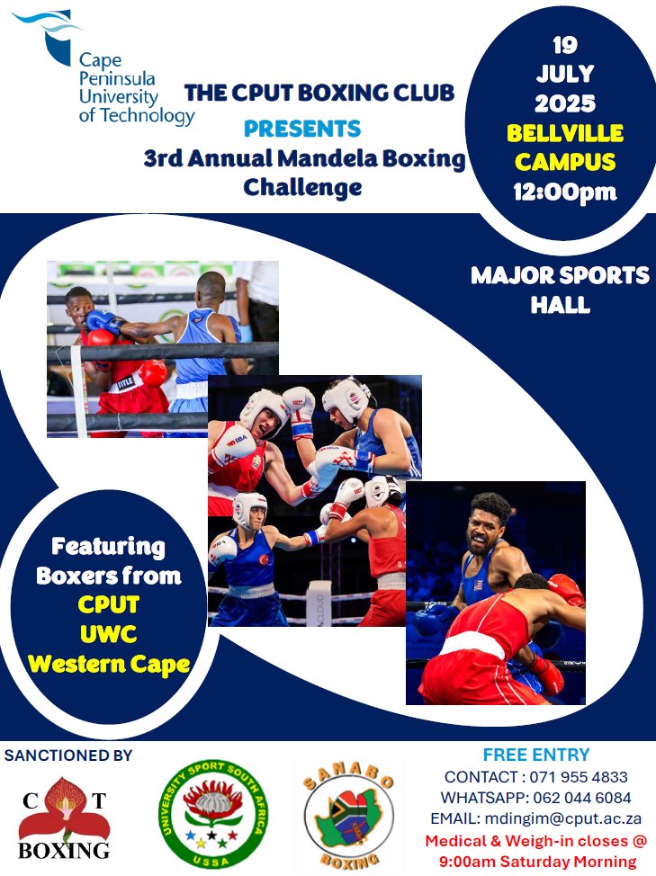CPUT's tweet image. Western Cape boxing enthusiasts should prepare for an action-packed Saturday as the CPUT Boxing Club hosts the third Annual Mandela Boxing Challenge at the Major Sports Hall on Bellville Campus. Full story here cput.ac.za/newsroom/news/…