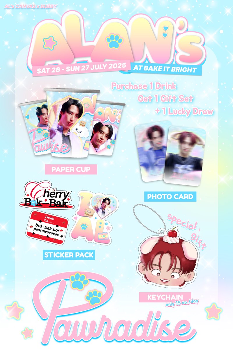 ૮⸝⸝𝘼𝙇𝘼𝙉'𝙨 𝙋𝘼𝙒𝙍𝘼𝘿𝙄𝙎𝙀⸝⸝ა 

⏔⏔ ꒰ 🐶ᩚ ꒱ ⏔⏔

࣪˖ 𝜗𝜚 𝘎𝘪𝘷𝘦𝘢𝘸𝘢𝘺 𝘴𝘦𝘵
                    𝘓𝘶𝘤𝘬𝘺 𝘋𝘳𝘢𝘸

࣪˖ 𝜗𝜚 at bake it bright 
࣪˖ 𝜗𝜚 26-27 july 2025

・ ⭑ #23rdALANsPawradise  ⊹ ₊ 

#ALANpasawee 
#BUSbecauseofyouishine