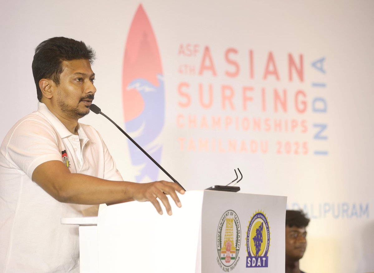 Udhaystalin's tweet photo. Addressed the media regarding yet another proud sporting moment for Tamil Nadu. We are all set to welcome the world once again as Mamallapuram gears up to host the Asian Surfing Championships 2025, scheduled from August 3 to 12.

We officially announced this prestigious international event today, which will see participation from over 150 top surfing talents from across Asian countries.

Our sincere thanks to the Honourable Chief Minister @mkstalin Avargal for sanctioning Rs. 3.3 crore to ensure the smooth and successful conduct of the championship.

Significantly, this event will serve as the final qualifying competition for the 2026 Asian Games in Japan, further elevating its importance on the global sporting stage.

Let us unite to make this championship a grand success and continue to showcase Tamil Nadu’s growing stature as a premier destination for international sports.

@SportsTN_ @Atulyamisraias #JMeghanathaReddyIAS #AsianSurfingChampionships2025