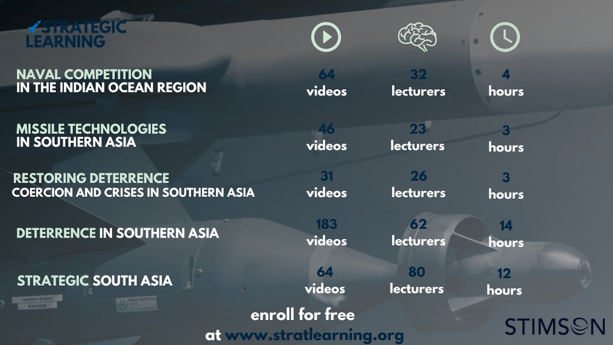 stratlearning's tweet image. Already completed Naval Competition in the Indian Ocean Region? Good thing Strategic Learning offers an additional FOUR, FREE courses on everything from South Asian strategic history, deterrence, and missile technologies! Learn more for yourself at stratlearning.org.