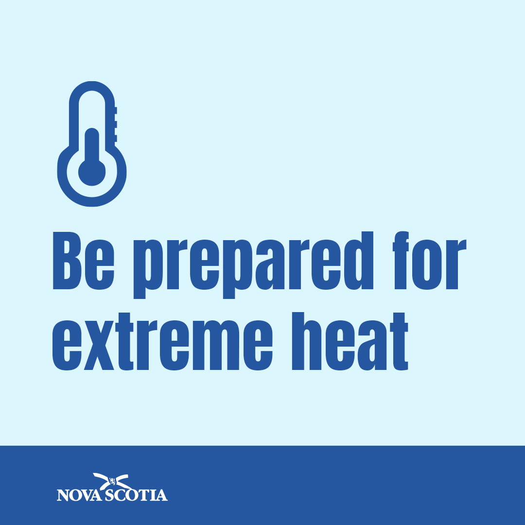 Stay safe and cool during extreme heat by taking the following steps:

✔️ Stay in air-conditioned spaces
✔️ Sleep in the coolest room of your house
✔️ Take cool showers or apply wet cloths
✔️ Drink plenty of water

Learn more: novascotia.ca/emergency-educ…

#NSHeat