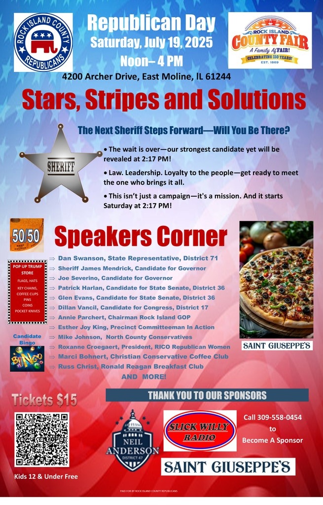 IllinoisFreedo1's tweet image. GREAT NEW SHERIFF CANDIDATE ANNOUNCED SATURDAY!
GET YOUR TICKETS NOW FOR THE COUNTY FAIR!
rock-island-county-gop.square.site/product/republ…