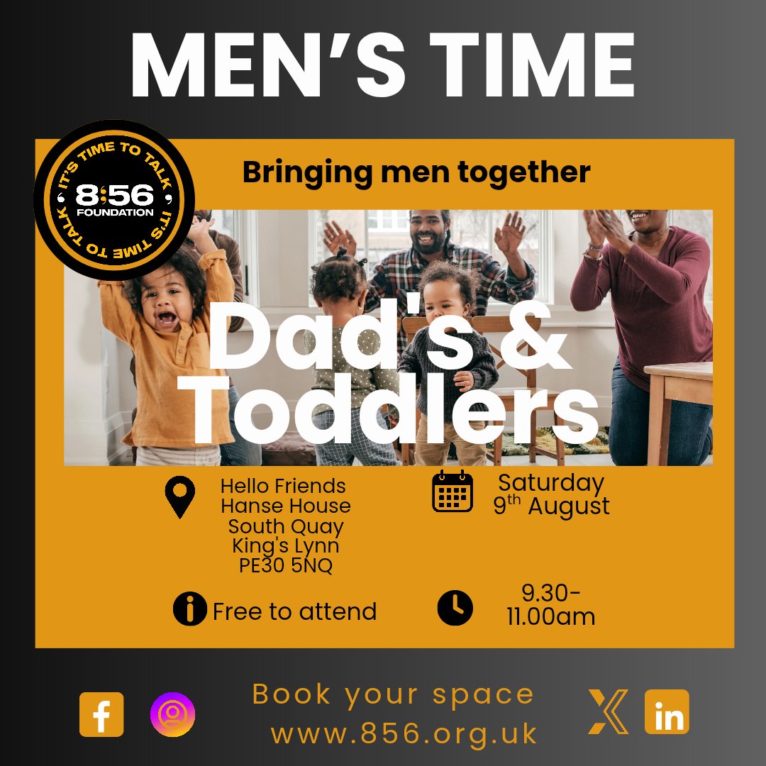 856Foundation's tweet image. Our Men's Time Dad's & Toddlers session is back for August.
The session will be on Saturday 9th August at Hello Friends at Hanse House, South Quay between 9.30 & 11
Please book on link below - free to attend
856foundation.org.uk/mens-time/
A separate booking per child is required