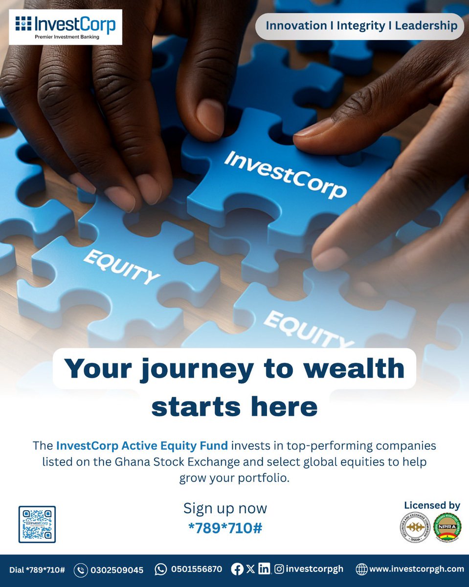 Build your equity portfolio, one smart piece at a time.

Invest in top-performing companies listed on the Ghana Stock Exchange and select global equities to grow your wealth with confidence.

Dial *789*710# to register.

#InvestCorp #ActiveEquityFund #premierinvestmentbanking