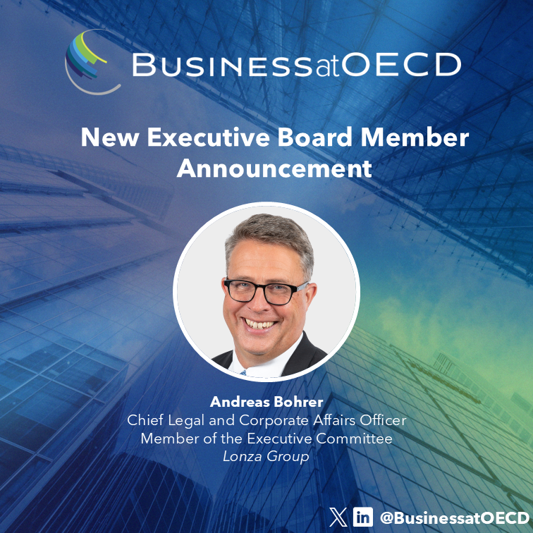 BusinessatOECD's tweet image. 📢 We are delighted to announce that @LonzaGroup's Chief #Legal & Corporate Affairs Officer Andreas Bohrer has joined as a Member of our Executive Board to help advocate our mission at the @OECD.
Nominated by our member @economiesuisse, Andreas brings a wealth of experience in…