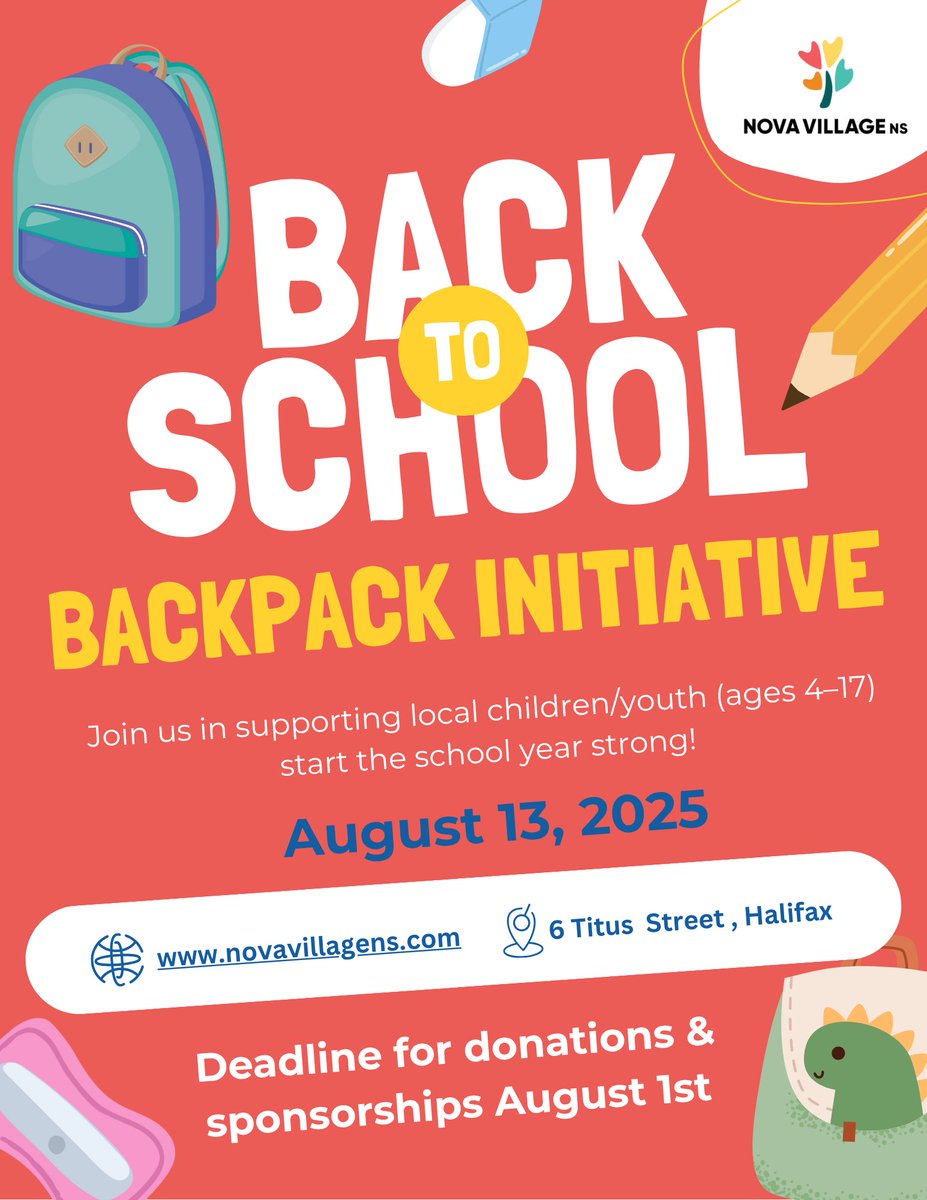 NovaVillageNS's tweet image. 📷 Our Backpack Program is Less Than 1 Month Away! 
There’s still time to help us make it happen! 📷
Find out how you can support by visiting our website at novavillagens.com/backtoschoolin…

#BackToSchool #SupportLocalFamilies #NovaVillageNS #CommunityMatters #GiveBack #HalifaxKids