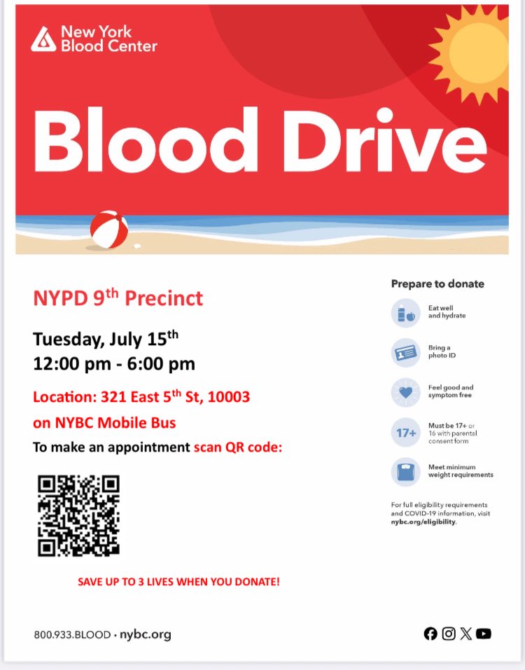 The Summer brings both an increase in trauma cases and a sharp decline in blood donations. Please, join us today as we partner with the New York Blood center to save lives!!