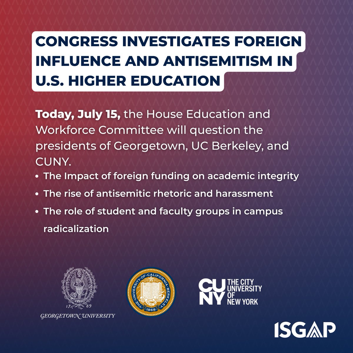 ISGAP's tweet image. As university leaders testify before Congress today, the question isn’t just about protest slogans; it’s about the deeper infrastructure enabling antisemitic ideology.
ISGAP’s Georgetown report shows how Qatar invested over $1 billion in American higher education to shape policy…