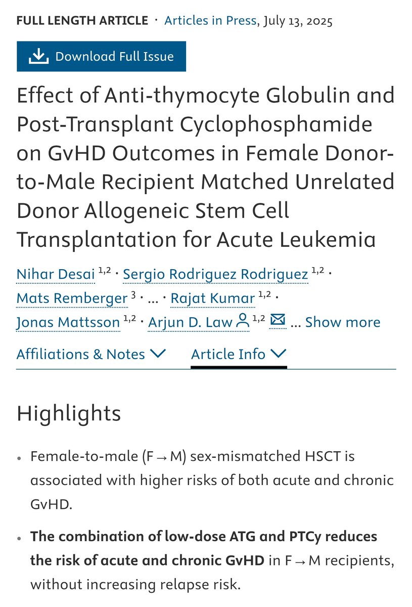 ๐ก๐ถ๐ต๐ฎ๐ฟ ๐๐ฒ๐๐ฎ๐ถ MD, DM (@nihardesai89) on Twitter photo ๐ข Published in <a href="/ASTCT_Journal/">Transplantation and Cellular Therapy Journal</a> ๐
Using a large dataset (<a href="/CIBMTR/">CIBMTR</a> + <a href="/Hans_BMTProgram/">Hans Messner Allogeneic BMT Program</a>), we show that ATG + PTCy may alleviate the โคด๏ธGvHD risk associated with female donor-to-male recipient MUD transplants ๐๐ฝ
astctjournal.org/article/S2666-โฆ ๐ข Published in <a href="/ASTCT_Journal/">Transplantation and Cellular Therapy Journal</a> ๐
Using a large dataset (<a href="/CIBMTR/">CIBMTR</a> + <a href="/Hans_BMTProgram/">Hans Messner Allogeneic BMT Program</a>), we show that ATG + PTCy may alleviate the โคด๏ธGvHD risk associated with female donor-to-male recipient MUD transplants ๐๐ฝ
astctjournal.org/article/S2666-โฆ