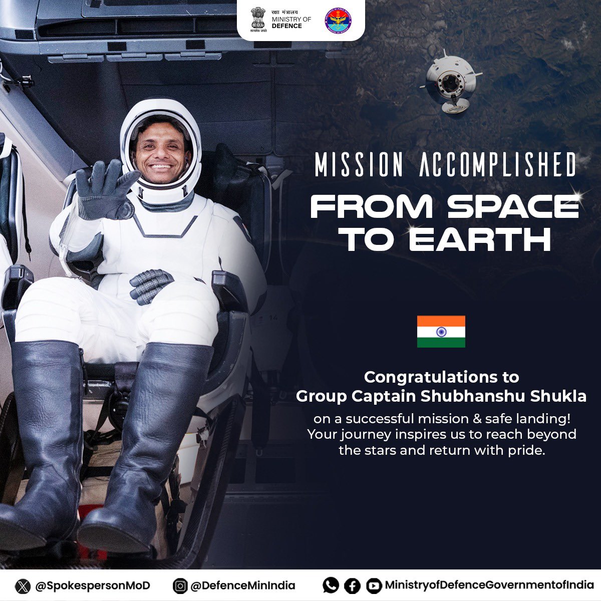 Touchdown complete! 

Group Captain #ShubhanshuShukla returns to Earth after 18 incredible days aboard the International Space Station. A proud moment for India as we celebrate his stellar journey and dedication to pushing the boundaries of exploration.🇮🇳

#Axiom4 #MissionSpace