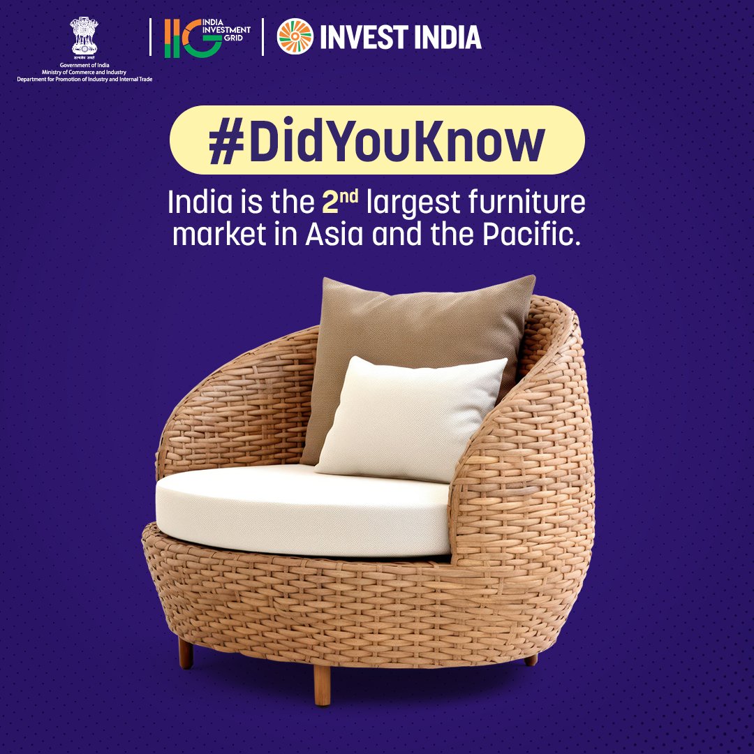 IIG_GoI's tweet image. #GrowWithIndia
#NewIndia allows 100% #FDI in furniture manufacturing, offering global investors ease of doing business and access to a growing domestic and export-driven market.
Explore more on #IIG at bit.ly/Home_IIG
#InvestInIndia #InvestIndia #FurnitureMarket
