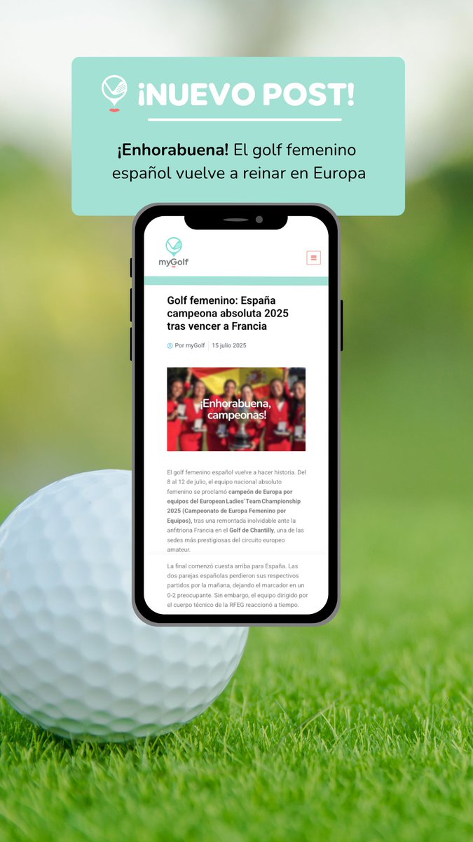 appmygolf's tweet photo. 🇪🇸🏆 ¡Histórico! El #golffemenino español vuelve a reinar en Europa 🇪🇺

El equipo nacional absoluto se proclamó campeón de #Europa por equipos tras una remontada ante Francia en el Golf de Chantilly.

💪 4 victorias individuales, 1 empate clave y un equipo que no dejó de creer. https://t.co/uxU7Pex2rl
