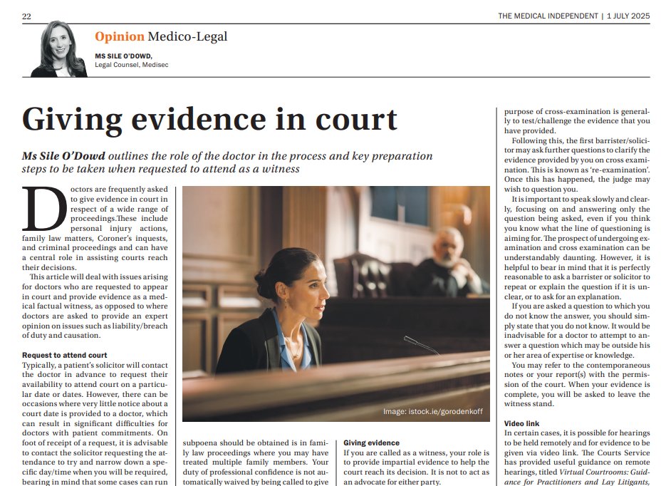 MedisecIreland (@medisecireland) on Twitter photo Many of our members contact us for advice as they have been asked to give evidence in court.
Here is our recent article for <a href="/med_indonews/">Medical Independent</a> on considerations to bear in mind - written by <a href="/SileODowd/">Sile O'Dowd</a> , Legal Counsel.
Click⬇️to read:
medisec.ie/wp-content/upl… Many of our members contact us for advice as they have been asked to give evidence in court.
Here is our recent article for <a href="/med_indonews/">Medical Independent</a> on considerations to bear in mind - written by <a href="/SileODowd/">Sile O'Dowd</a> , Legal Counsel.
Click⬇️to read:
medisec.ie/wp-content/upl…