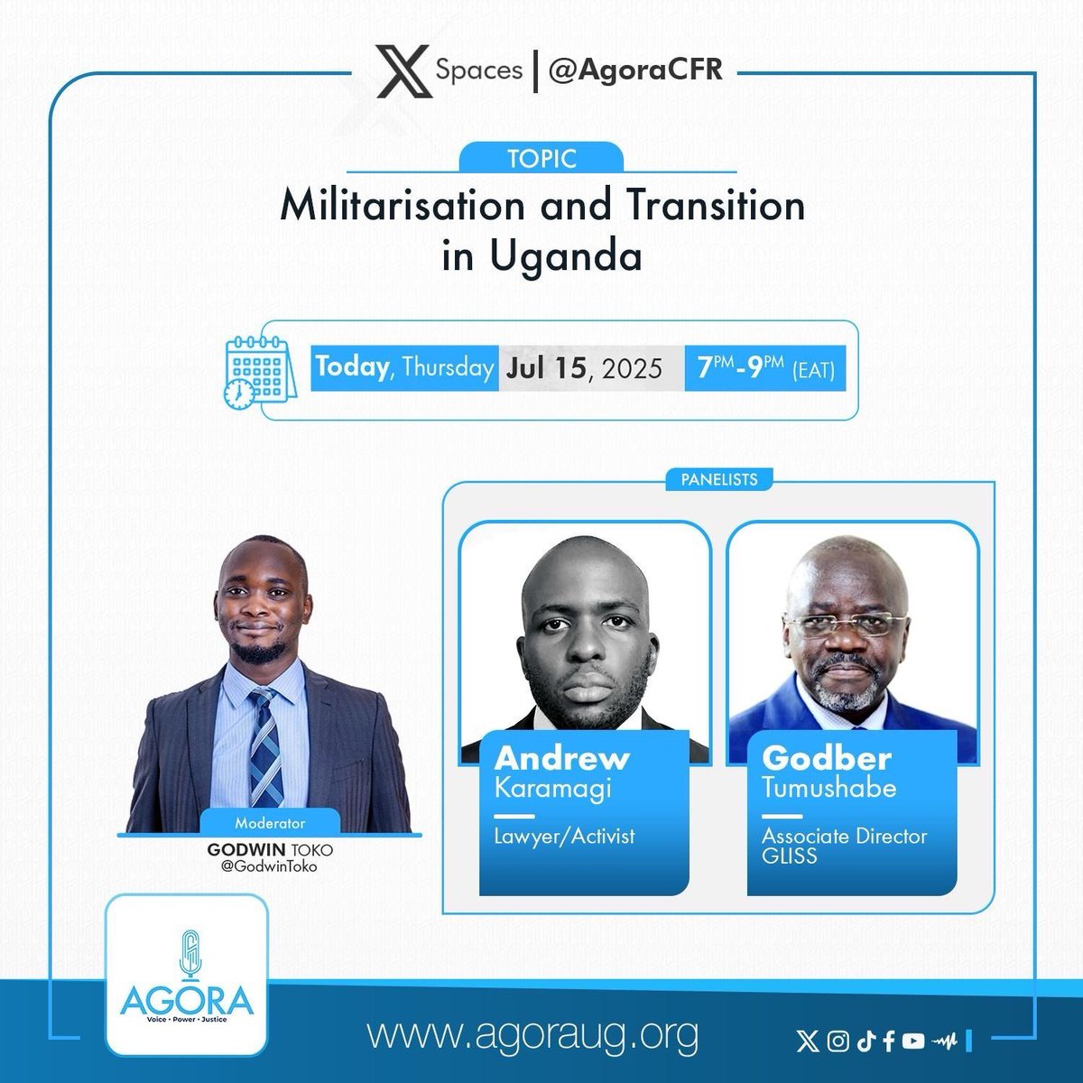 Agora Discourse (@agoracfr) on Twitter photo This evening on #AgoraDiscourse, <a href="/GodwinTOKO/">TOKO</a> will host <a href="/karamagi_andrew/">Karamagi Andrew</a> and <a href="/GodberTumushabe/">Godber Tumushabe</a> for a discussion on Militarisation and Transition in Uganda. This conversation is part of our ongoing Transition Series. Don’t miss it. Tune in! This evening on #AgoraDiscourse, <a href="/GodwinTOKO/">TOKO</a> will host <a href="/karamagi_andrew/">Karamagi Andrew</a> and <a href="/GodberTumushabe/">Godber Tumushabe</a> for a discussion on Militarisation and Transition in Uganda. This conversation is part of our ongoing Transition Series. Don’t miss it. Tune in!
