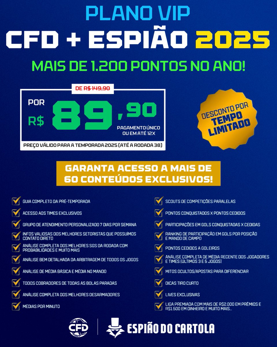 espiaocartolafc's tweet image. PASSAMOS DOS 1.200 PONTOS E VAMOS COMEMORAR COM DESCONTO!
40% off para você ter acesso ao time VIP com quase 1.202 pontos no ano e ao Valorização perto do top 100º Nacional, além de mais de 60 conteúdos!
De R$ 149,90 por R$ 89,90!
Assine já em cfdoficial.com 🚀