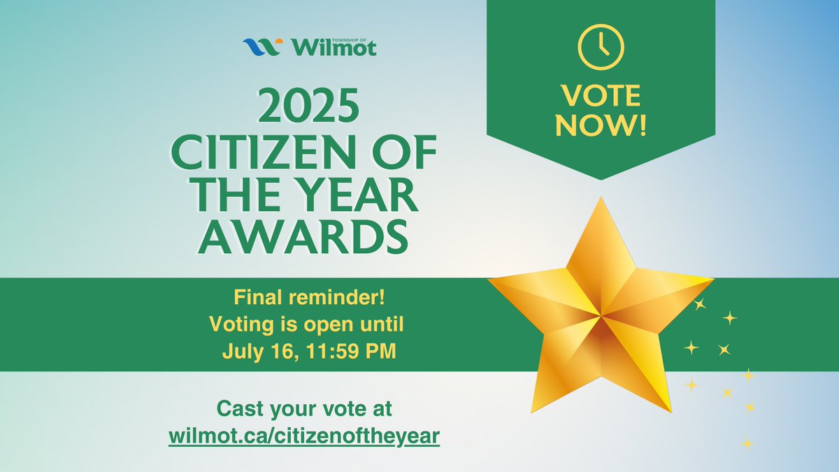 Final reminder to vote for Wilmot’s Citizen of the Year!
There’s still time to support the incredible nominees who make a difference in our community.
🌟 Voting closes tonight, July 16 at 11:59 PM
🌟 Vote now at wilmot.ca/citizenoftheye…