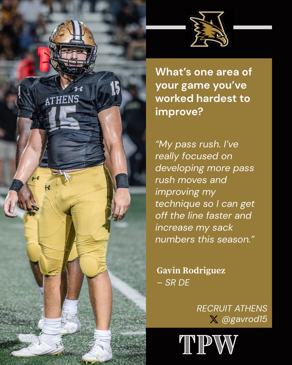 RecruitAthens's tweet image. PLAYER SPOTLIGHT | #TPW
Meet Gavin Rodriguez, senior DE for Athens 🦅
Gavin has been a 3-year starter for the Golden Eagles. He sits down to talk about elevating his game, and being a senior leader.
Follow his journey: @gavrod15
#AthensFootball #ToughPeopleWin #RecruitAthens
