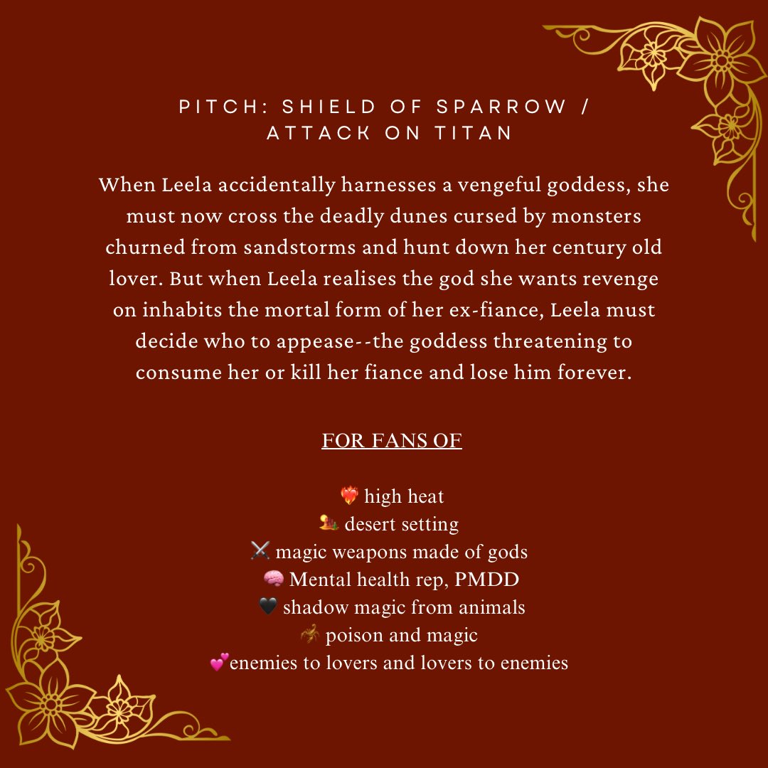 menakawrites_'s tweet image. My #amquerying project!
SHEILD OF SPARROWS x ATTACK ON TITAN
❤️🔥 high heat
🏜️ desert setting
⚔️ magic weapons made of gods
🧠 Mental health rep, PMDD
🖤 shadow magic from animals
🦂 poison and magic
💕enemies to lovers and lovers to enemies
#agents #romantasy #fantasy