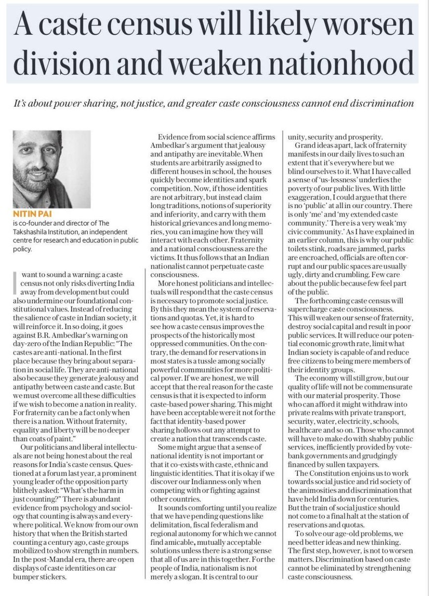 The caste census is about identity-based power sharing &amp; redistribution; not about social justice. It will set India back.