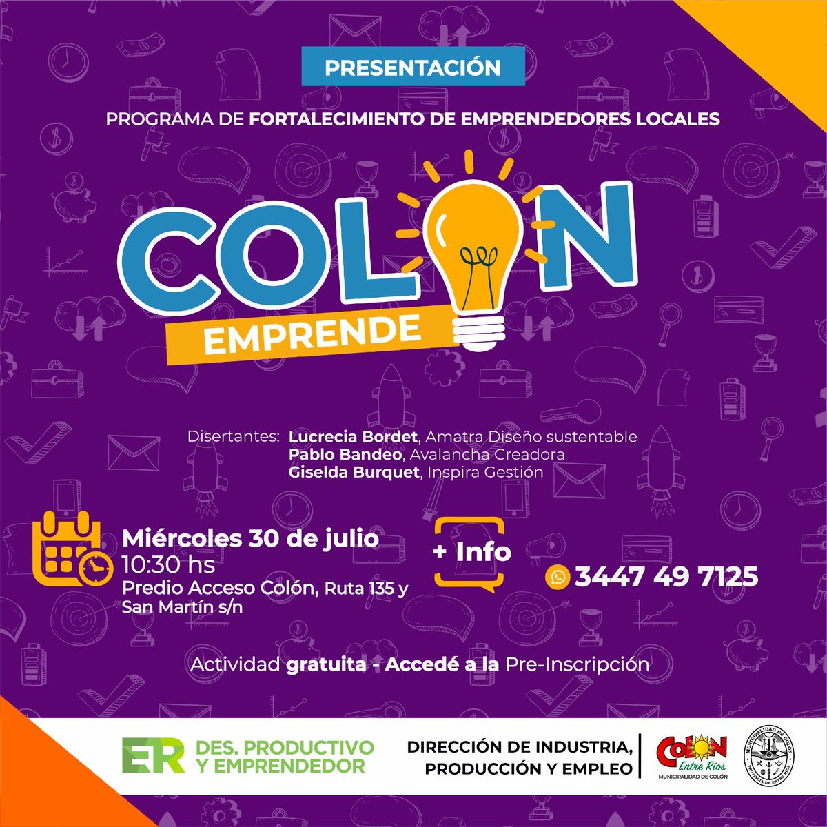 💡 #ColónEmprende vuelve con talleres gratuitos para emprendedores. Desde el 30/7 en el Predio Acceso Colón. IA, redes, stands, coaching y más 📍 Info: colon.gov.ar ℹ️