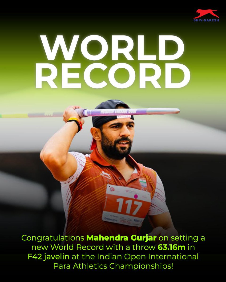 A huge shoutout to Mahendra Gurjar for setting a new world record with a 63.16m throw in F42 Javelin at the Indian Open Para Athletics! 🇮🇳🔥
Your journey inspires us all, Congratulations, champ! 🙌

#shivnaresh #worldrecord #paraathletics #proudmomentforindia