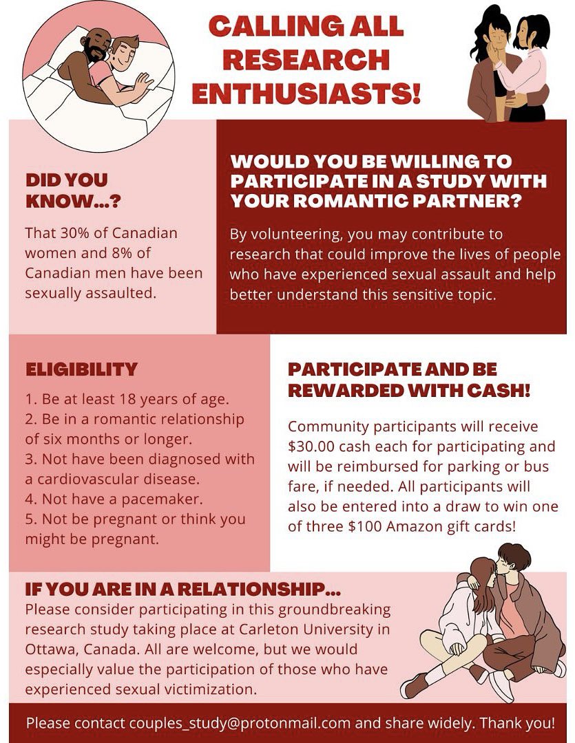 Carleton University Department of Psychology (@cu_psychology) on Twitter photo If you are in a serious romantic relationship of 6 months or longer, please consider participating in this groundbreaking study!💞 Contact couples_study@prontonmail.com if interested! If you are in a serious romantic relationship of 6 months or longer, please consider participating in this groundbreaking study!💞 Contact couples_study@prontonmail.com if interested!