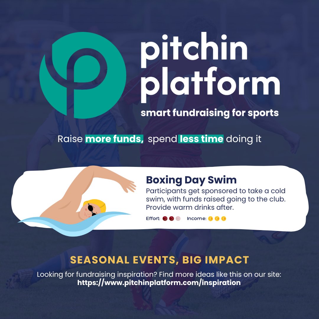 PitchInPlatform's tweet photo. Next seasonal idea – the brave, bold Boxing Day Swim!

Get sponsored to take the plunge, raise club funds, and warm up with a hot drink.

🏊‍♂️ Setup in seconds
📈 Track donations
☕ Upsell mulled wine or merch

🎯 https://t.co/6B0DyMyjQv

#ClubFundraising https://t.co/yGtf3J6vLL