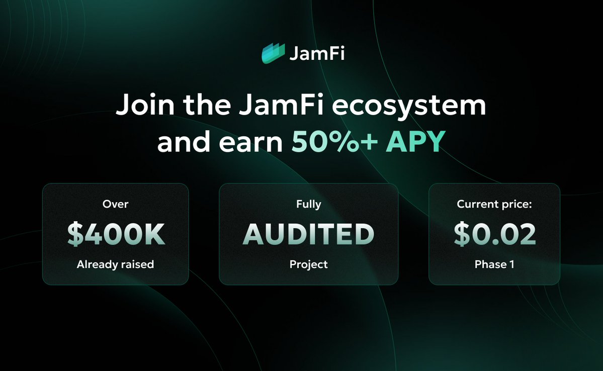 JamiiFinance's tweet image. 🚀JamFi Pre-Sale is LIVE

Earn up to 50% APY by staking or adding liquidity with $JAMI.

✅ Audited smart contracts
✅ $400K seed round closed
✅ Now: $0.02 | Listing: $0.10
Don&apos;t just hold — earn.

Join Pre-Sale now → jamii.finance