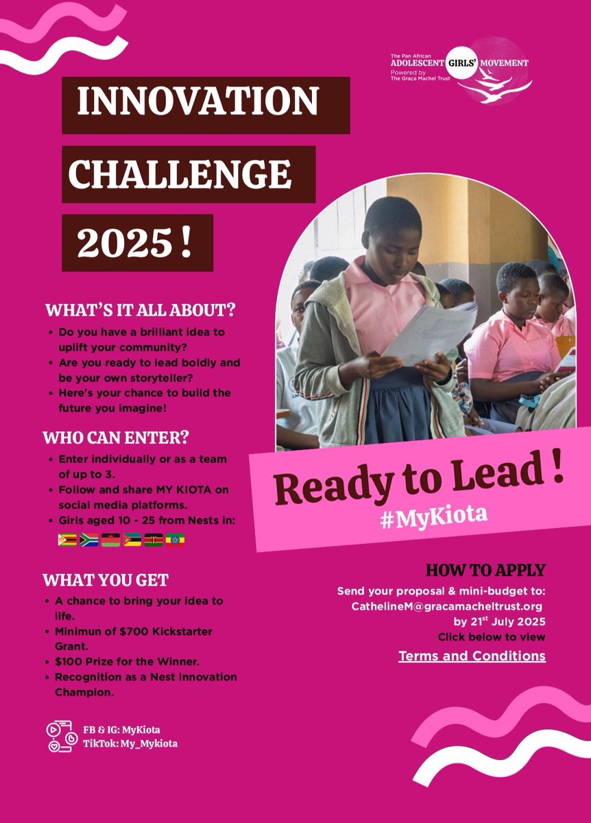 WoMandla Foundation (@womandlaorg) on Twitter photo We are pleased to announce the launch of The Innovation Challenge 2025
This initiative is designed to amplify girls' voices.
Please see the attached terms of reference on the below link to apply
shorturl.at/Hyew4
#mykiota
<a href="/G_MachelTrust/">GracaMachelTrust</a> We are pleased to announce the launch of The Innovation Challenge 2025
This initiative is designed to amplify girls' voices.
Please see the attached terms of reference on the below link to apply
shorturl.at/Hyew4
#mykiota
<a href="/G_MachelTrust/">GracaMachelTrust</a>