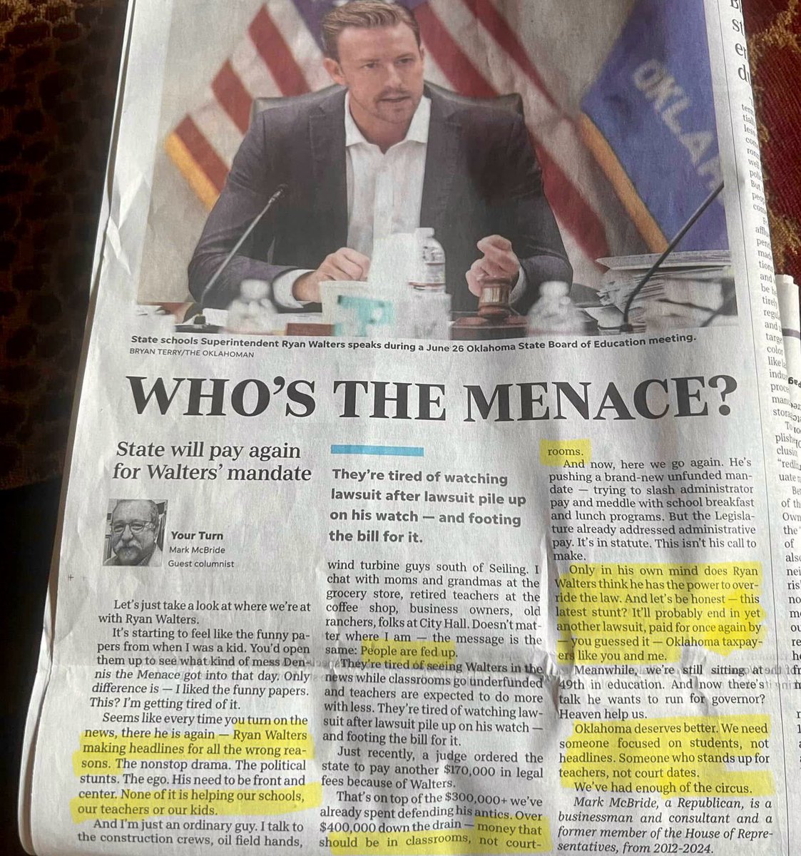 The Yellow Highlighter of Awareness &amp; I agree w/ former state Rep &amp; all-around good guy Mark McBride on all of this. Walters is a menace &amp; if he runs for Gov, don’t think the crew that brought him to OK politics doesn’t have an heir apparent to run for state super. 

Watching! 👀