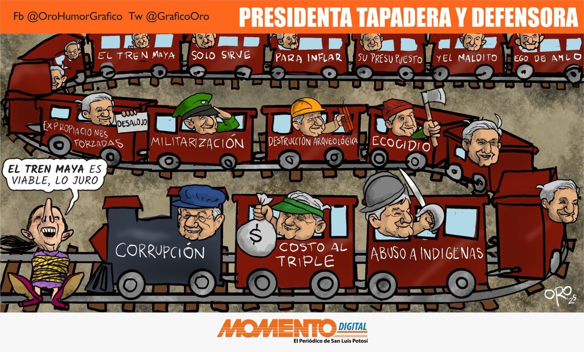 PRESIDENTA TAPADERA Y DEFENSORA
por Oro
El Tren Maya costó más de 500 mil mdp, deforestó miles de hectáreas, contaminó cenotes y desplazó comunidades... solo para mover el ego de AMLO) y no pasajeros.
#NuestrosMoneros