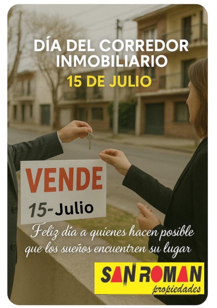 📅 15 de Julio – Día del Corredor Inmobiliario✨ Feliz día a quienes hacen posible que los sueños encuentren su lugar. Hoy celebramos a quienes con compromiso, cercanía y vocación acompañan cada historia de hogar, cada inversión, orgullosos de ser parte de esta profesión. 🔑