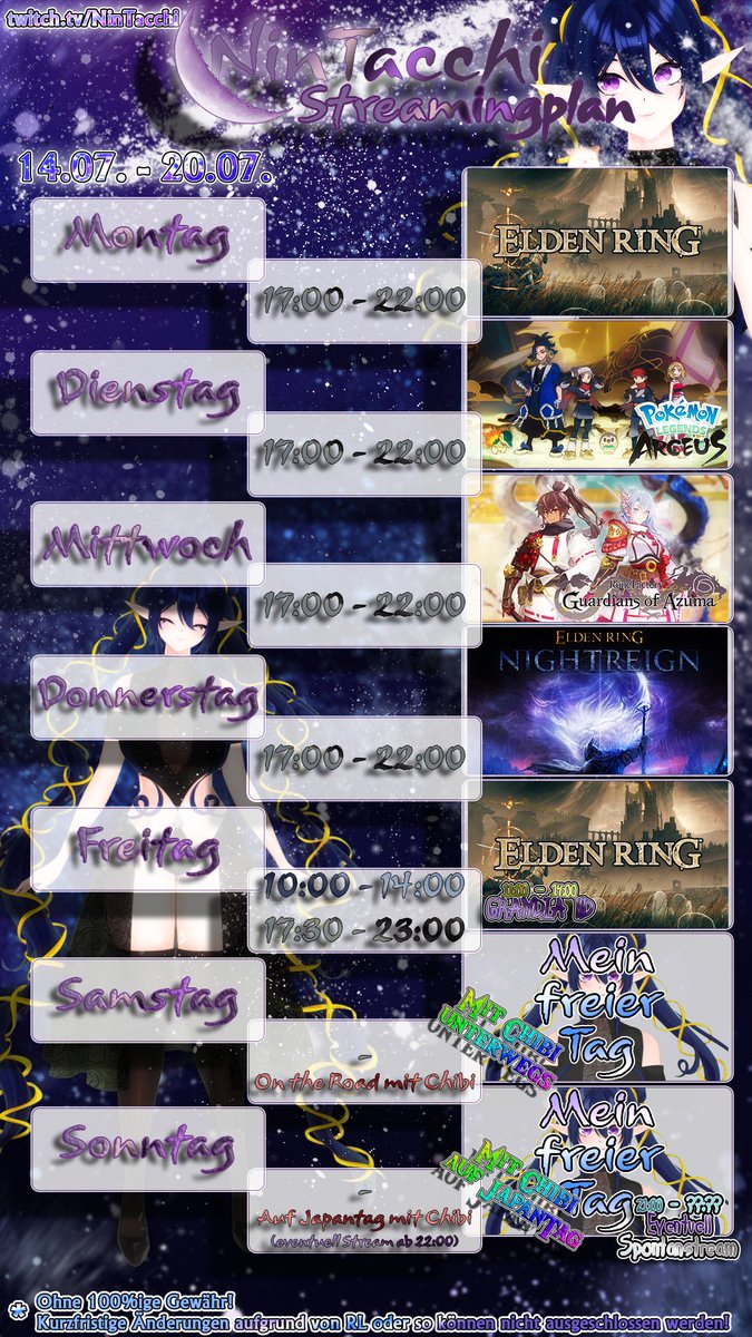 NinTacchi | GERVtuber (@nintacchi) on Twitter photo Der Streamingplan für diese Woche!
Die Woche läuft wieder bisschen anders als gewohnt... Ich verzichte auf meinen freien Donnerstag, denn dieses Wochenende ist der liebe <a href="/MissingoChibi/">MissingoChibi</a> in Augsburg! Wir machen Samstag die Stadt unsicher, gehen japanisch essen, schlafen dann beim Der Streamingplan für diese Woche!
Die Woche läuft wieder bisschen anders als gewohnt... Ich verzichte auf meinen freien Donnerstag, denn dieses Wochenende ist der liebe <a href="/MissingoChibi/">MissingoChibi</a> in Augsburg! Wir machen Samstag die Stadt unsicher, gehen japanisch essen, schlafen dann beim