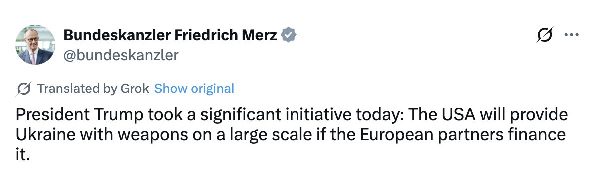 European hyper-vassalisation in action: the German government boasting about buying more US weapons (by taking on more debt) to send to Ukraine to continue the US’s proxy war against Russia that has caused untold economic and geopolitical damage to Europe. And this is the guy who