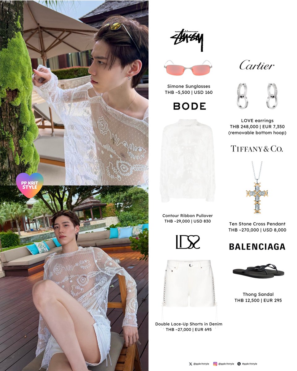 ppkritstyle's tweet image. 〰️ พีพี | PP KRIT STYLE: 🥥 update
#Stussy Simone Sunglasses
#BODE Contour Ribbon Pullover
#LdSS #LudovicdeSaintSernin Double Lace-Up Shorts
#Balenciaga Thong Sandal
#Cartier LOVE earrings
#TiffanyAndCo Ten Stone Cross Pendant
#ppkritt #ppkritstyle
#พีพีกฤษฏ์ #พีพีใส่แบรนด์อะไร