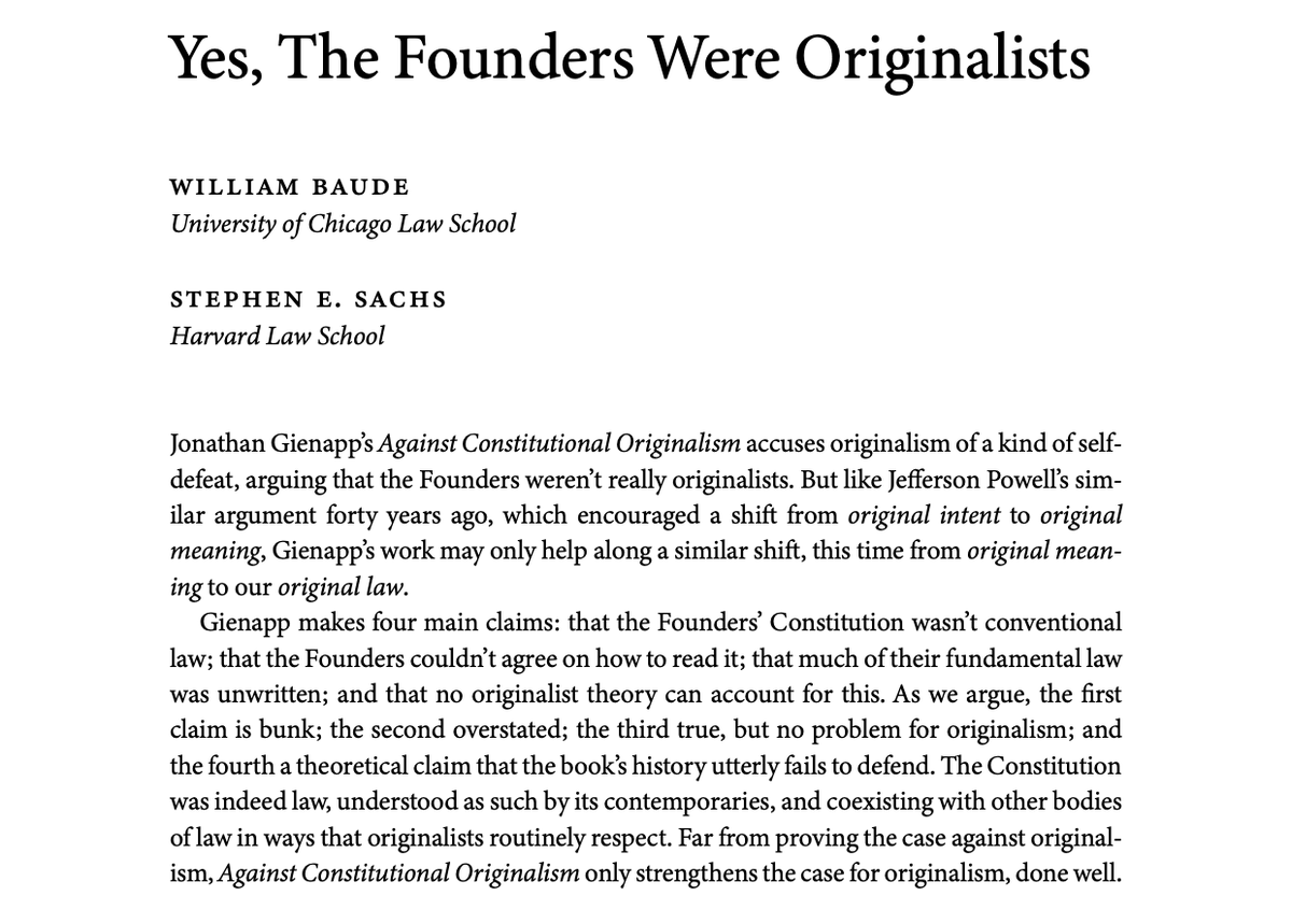 Stephen E. Sachs (@stephenesachs) on Twitter photo New Paper with <a href="/WilliamBaude/">William Baude</a> , forthcoming in the Yale Journal of Law & the Humanities:
"Yes, The Framers Were Originalists"
A critical review of Jonathan Gienapp (<a href="/TheGNapp/">Jonathan Gienapp</a>)'s Against Constitutional Originalism. <a href="/SSRN/">SSRN</a> link below, and comments welcome! New Paper with <a href="/WilliamBaude/">William Baude</a> , forthcoming in the Yale Journal of Law & the Humanities:
"Yes, The Framers Were Originalists"
A critical review of Jonathan Gienapp (<a href="/TheGNapp/">Jonathan Gienapp</a>)'s Against Constitutional Originalism. <a href="/SSRN/">SSRN</a> link below, and comments welcome!