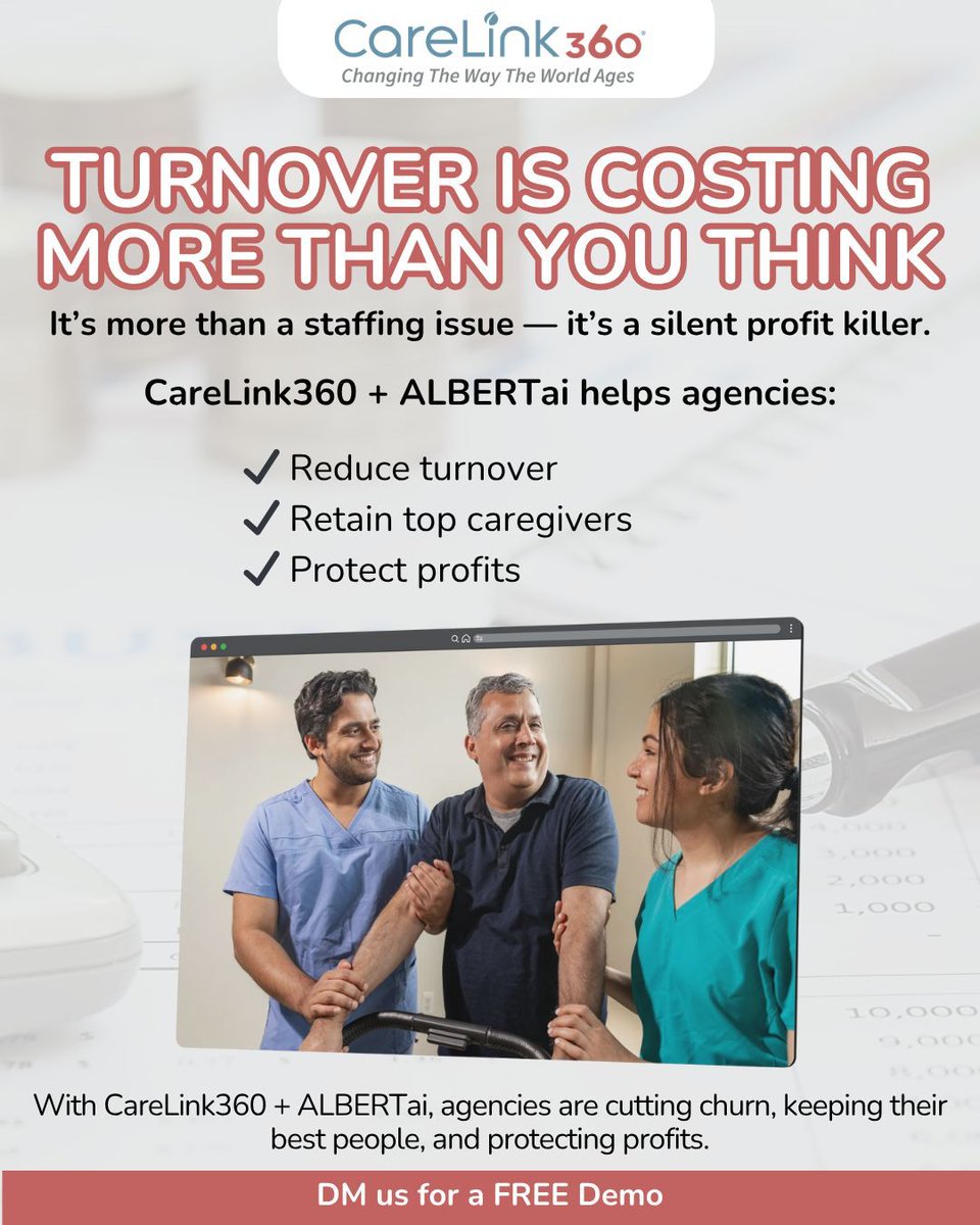 Turnover is costing more than you think. If you manage 100 caregivers, it could be draining $171K/year. CareLink360 + ALBERTai helps agencies cut churn and keep their best.
👉 DM us for a FREE demo.
#HomeCareProfitability #CareLink360 #TurnoverCosts