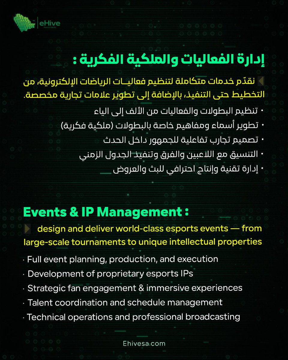 ehivesa's tweet photo. في eHive، ما نعطيك خدمة… نعطيك خطوة أقوى في طريقك.

🏟️ إدارة الفعاليات &amp; الملكية الفكرية
بطولات تخلي لك بصمة، وIPs تعيش بعدك.

🛡️الأمن السيبراني
اللعب بدون حماية؟ مخاطرة ما نرضاها.
نحميك من كل تهديد إلكتروني، من أول ضغطة زر لآخر لحظة فوز.

تبدأ من البطولة؟ ولا تأمّن اللعب أول؟ https://t.co/29enFwrRQP