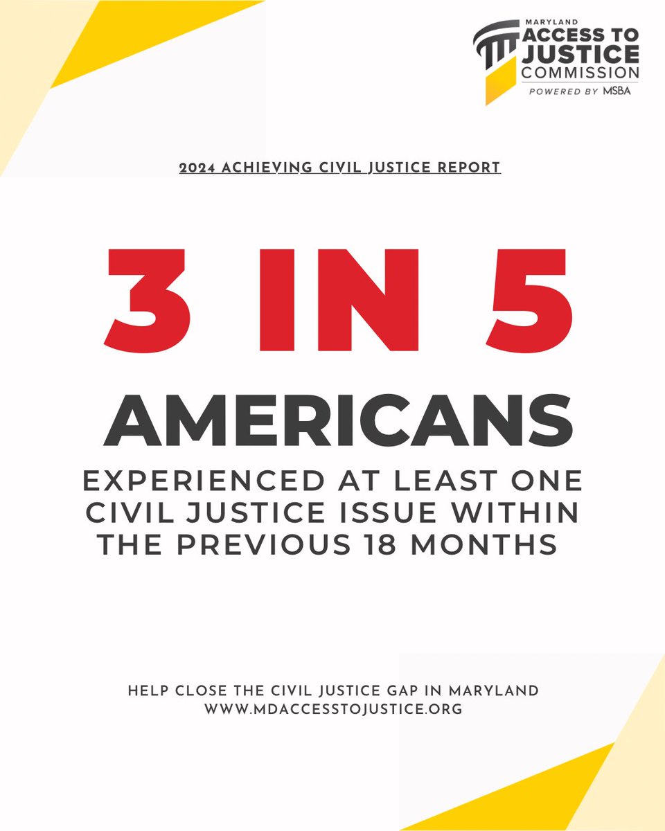 mda2j's tweet image. The numbers don't lie: Civil justice issues impact 3 out of 5 Americans. We're committed to ensuring everyone has access to the justice they deserve. Join us in our mission to close the civil justice gap in Maryland.
⚖️Find out more: f.mtr.cool/spzeidymci
#CivilJustice #MDLaw