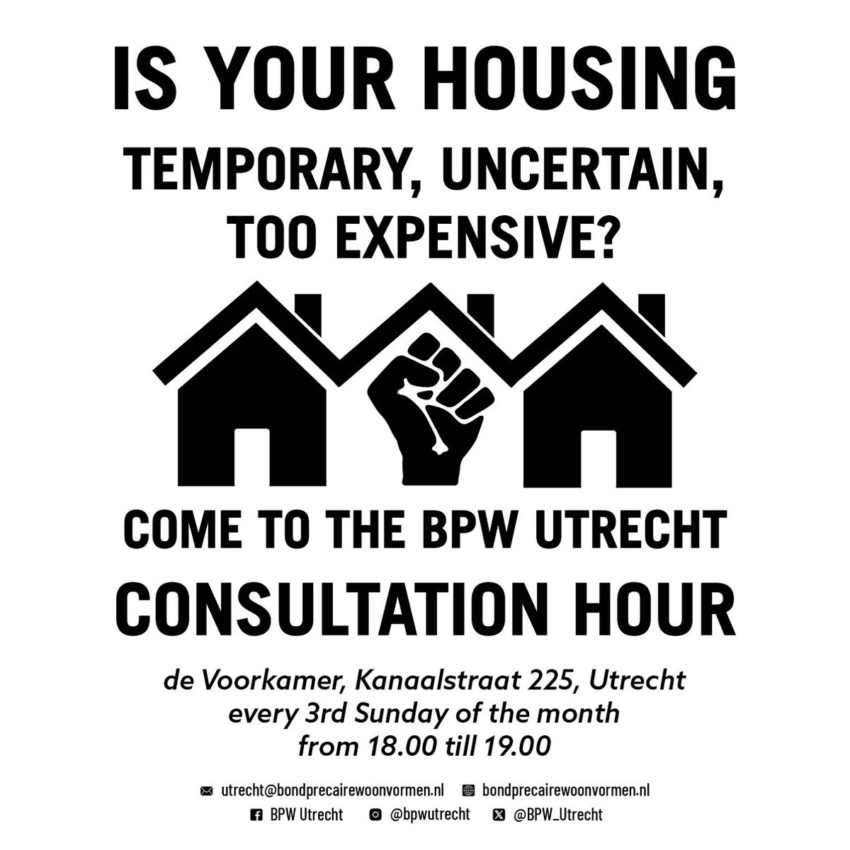 Sunday 20 july at 17:00 is the BPW Utrecht housing advice hour at de Voorkamer on Kanaalstraat 225

Problems with your landlord? Want to know about housing struggles? Come by!

Angry about the rent increase? Also join for questions about "Wij Weigeren de Huurverhoging"
