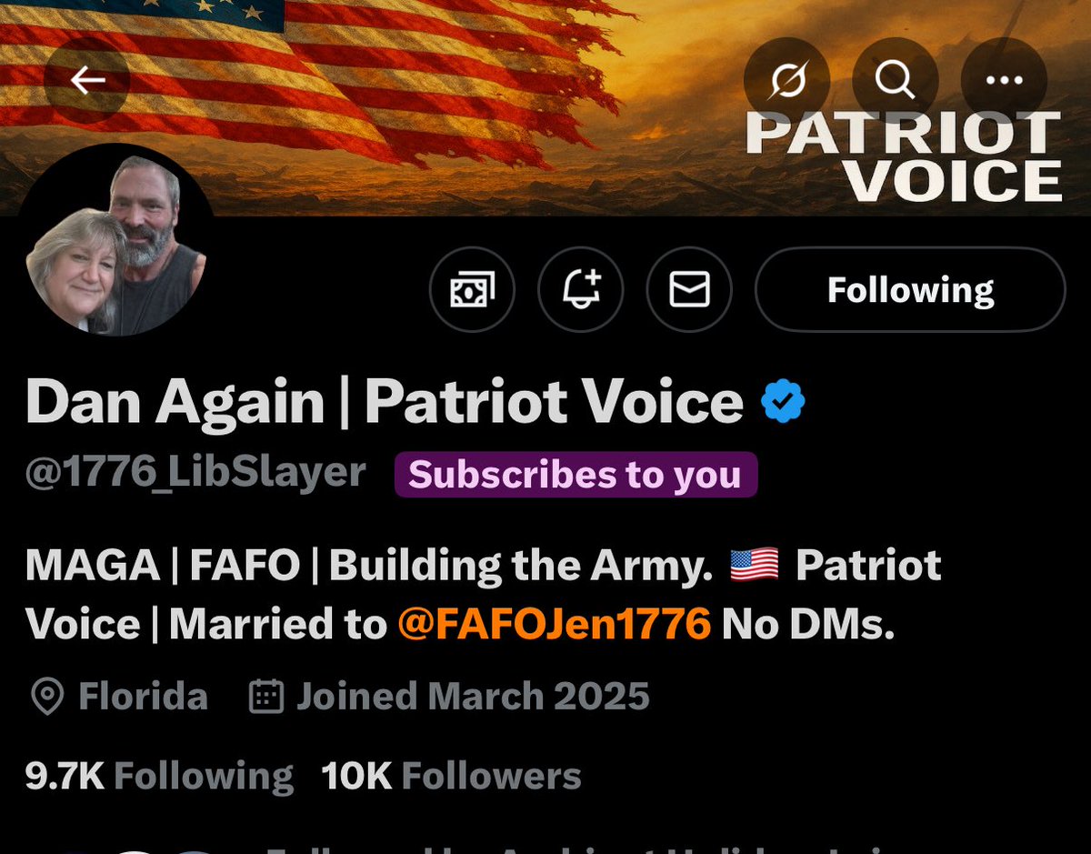 Traditional Thoughts (@dannymsn77) on Twitter photo Do you know, my brother from another mother <a href="/1776_LibSlayer/">Dan Again | Patriot Voice</a> ??
You won’t find a more dedicated and loyal friend once he knows you.
He just hit 10 K but we’re only getting started!! Do you know, my brother from another mother <a href="/1776_LibSlayer/">Dan Again | Patriot Voice</a> ??
You won’t find a more dedicated and loyal friend once he knows you.
He just hit 10 K but we’re only getting started!!