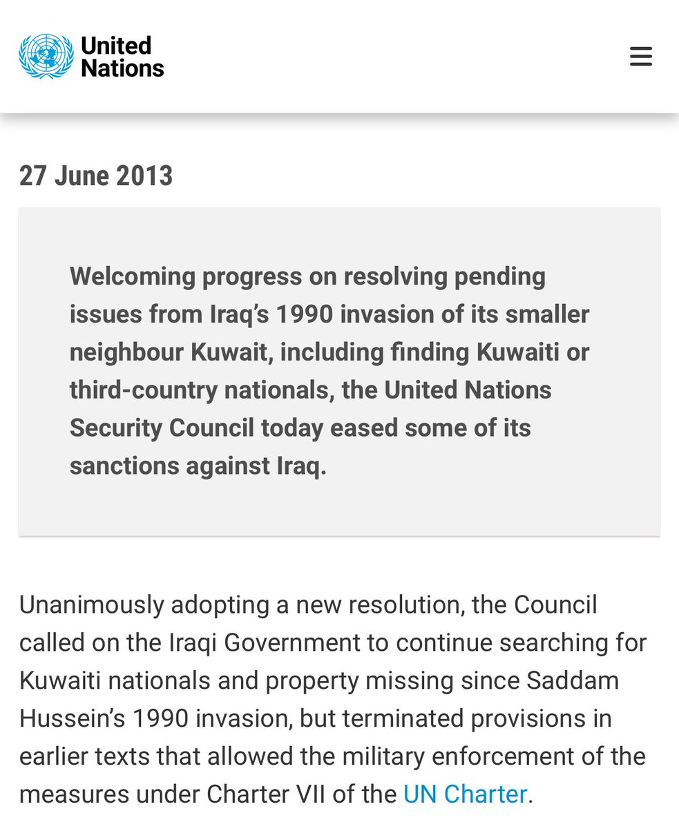 عراق بعد از اشغال کویت در ۱۹۹۰ رفت زیر فصل ۷ سازمان ملل (قطعنامه ۶۶۱) . چند ماه بعد امریکا/ناتو کویت را آزاد کرد، ولی تحریم‌ها و قطعنامه باقی موند. در نهایت در جولای ۲۰۱۳، یعنی ۲۳ سال بعد از آزادی کویت و ۱۰ سال بعد از سقوط صدام عراق از زیر فصل هفت خارج شد.
#مکانیزم_ماشه